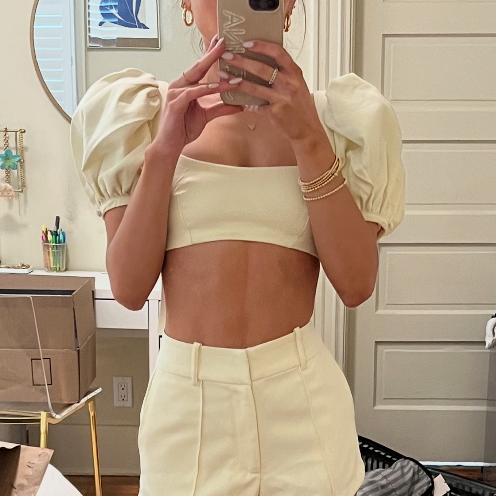 For Love & Lemons Cream Puff Sleeve Crop Top and Matching Skirt Set - Cream